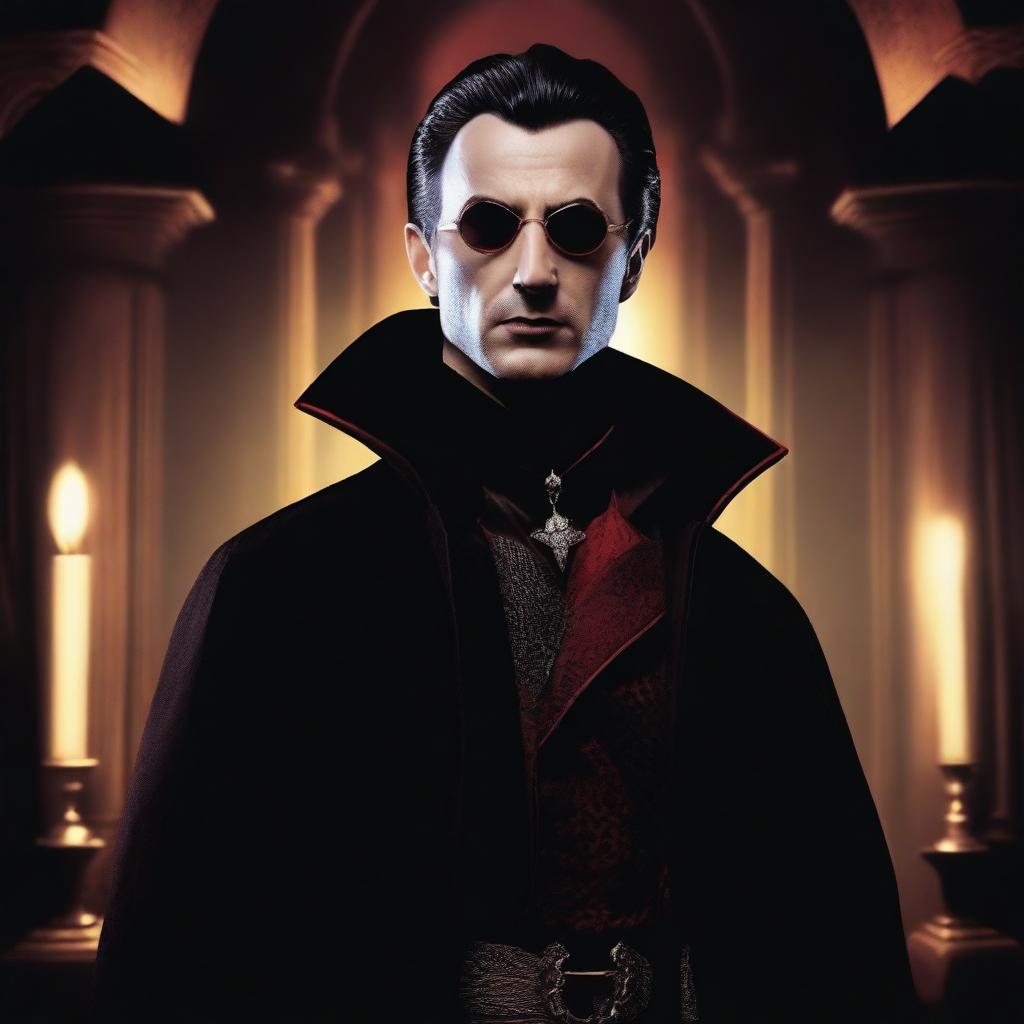 Create an image of Chris Evans portrayed as Dracula, but with a twist