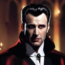 Create an image of Chris Evans portrayed as Dracula, but with a twist