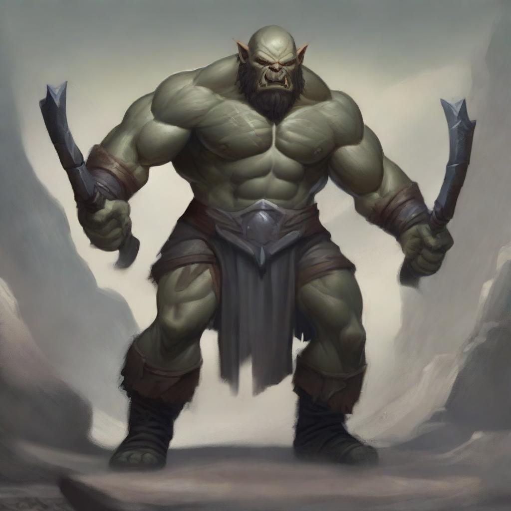 A detailed illustration of a gray-skinned orc wielding two weapons