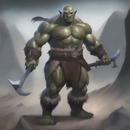 A detailed illustration of a gray-skinned orc wielding two weapons