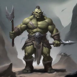 A detailed illustration of a gray-skinned orc wielding two weapons