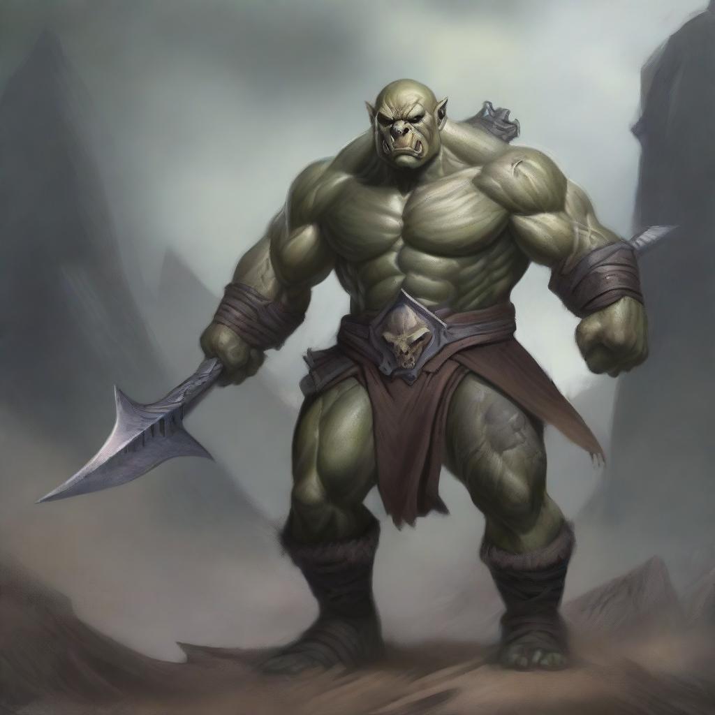 A detailed illustration of a gray-skinned orc wielding two weapons