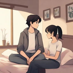 A girl with fair skin, gray eyes, and black hair, and a boy with black hair, gray eyes, and fair skin, sitting on a bed in a cozy room