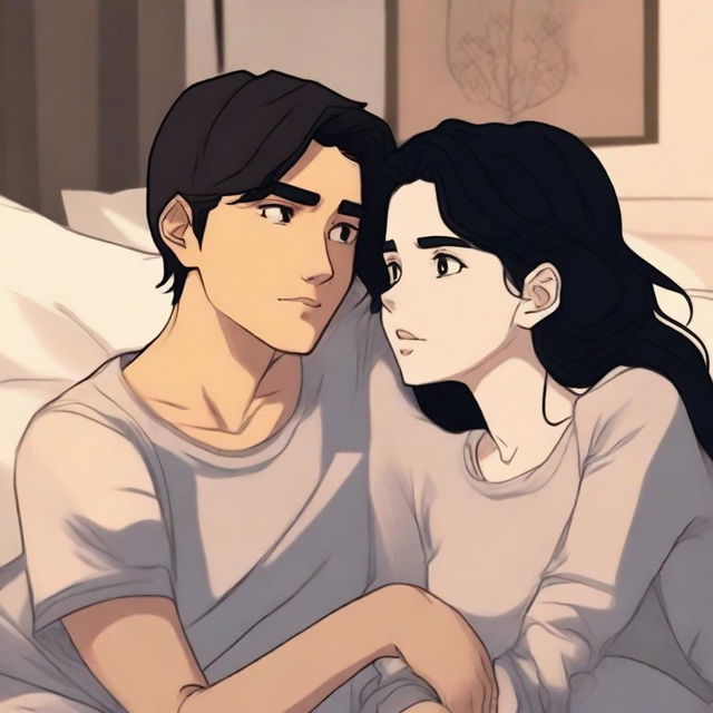 A girl with fair skin, gray eyes, and black hair, and a boy with black hair, gray eyes, and fair skin, sitting on a bed in a cozy room