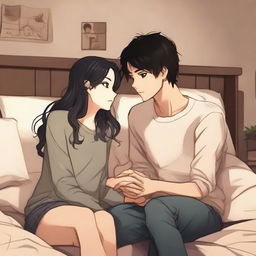 A girl with fair skin, gray eyes, and black hair, and a boy with black hair, gray eyes, and fair skin, sitting on a bed in a cozy room