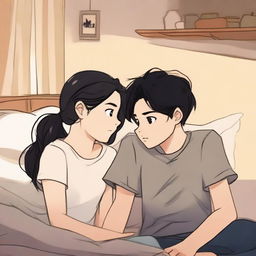 A girl with fair skin, gray eyes, and black hair, and a boy with black hair, gray eyes, and fair skin, sitting on a bed in a cozy room