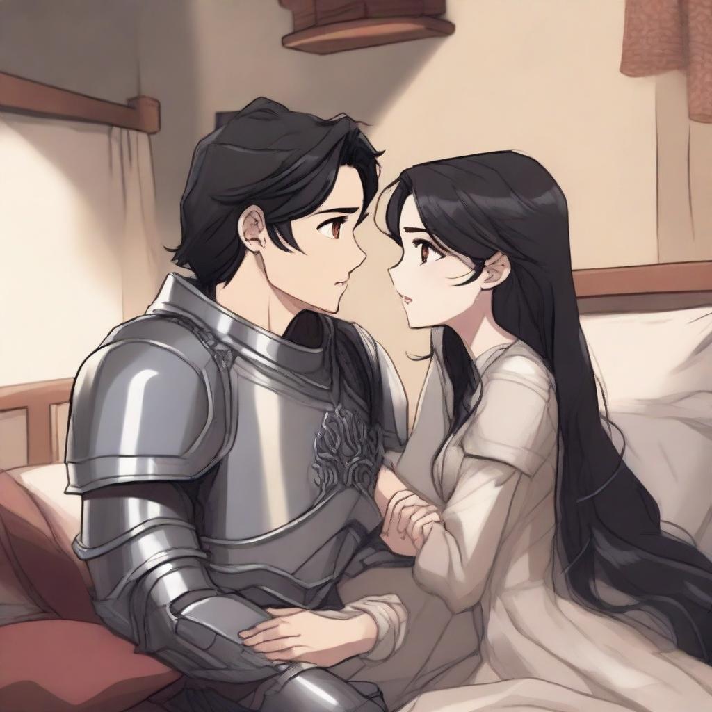 A girl with fair skin, gray eyes, and black hair, wearing armor, and a boy with black hair, gray eyes, fair skin, also wearing armor, sitting on a bed in a cozy room