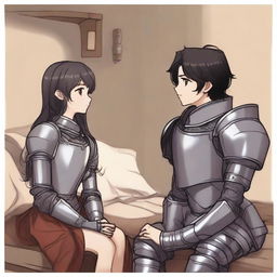 A girl with fair skin, gray eyes, and black hair, wearing armor, and a boy with black hair, gray eyes, fair skin, also wearing armor, sitting on a bed in a cozy room