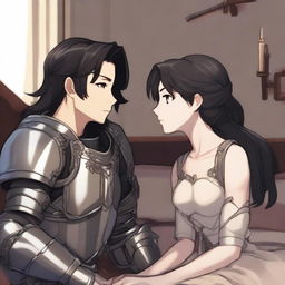 A girl with fair skin, gray eyes, and black hair, wearing armor, and a boy with black hair, gray eyes, fair skin, also wearing armor, sitting on a bed in a cozy room