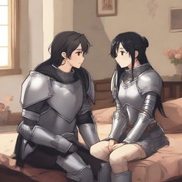 A girl with fair skin, gray eyes, and black hair, wearing armor, and a boy with black hair, gray eyes, fair skin, also wearing armor, sitting on a bed in a cozy room