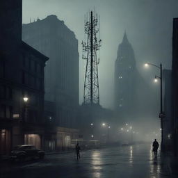 A vintage radio station antenna stands tall in the middle of a dark, foggy film noir city