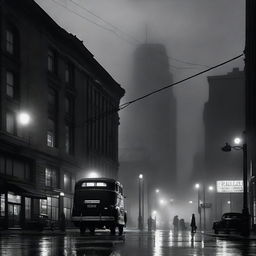 A vintage radio station antenna stands tall in the middle of a dark, foggy film noir city