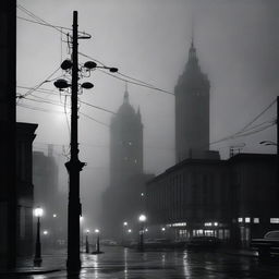 A vintage radio station antenna stands tall in the middle of a dark, foggy film noir city