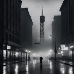 A vintage radio station antenna stands tall in the middle of a dark, foggy film noir city