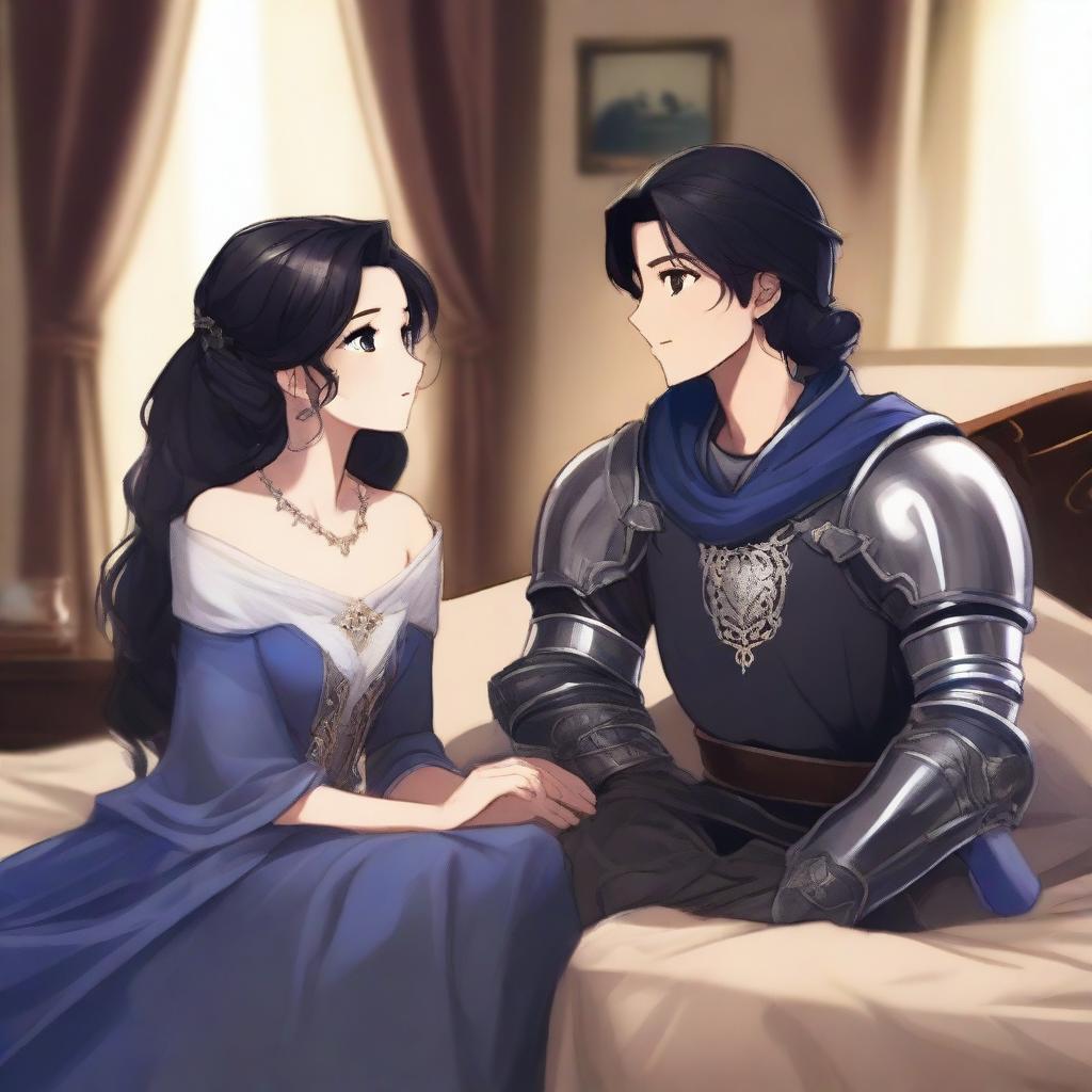 A girl with fair skin, gray eyes, and black hair, dressed in royal knight attire, and a boy with black hair, gray eyes, fair skin, also dressed in royal knight attire, sitting on a bed in a cozy room