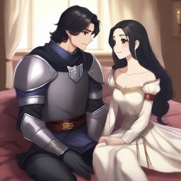 A girl with fair skin, gray eyes, and black hair, dressed in royal knight attire, and a boy with black hair, gray eyes, fair skin, also dressed in royal knight attire, sitting on a bed in a cozy room