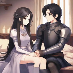 A girl with fair skin, gray eyes, and black hair, dressed in royal knight attire, and a boy with black hair, gray eyes, fair skin, also dressed in royal knight attire, sitting on a bed in a cozy room