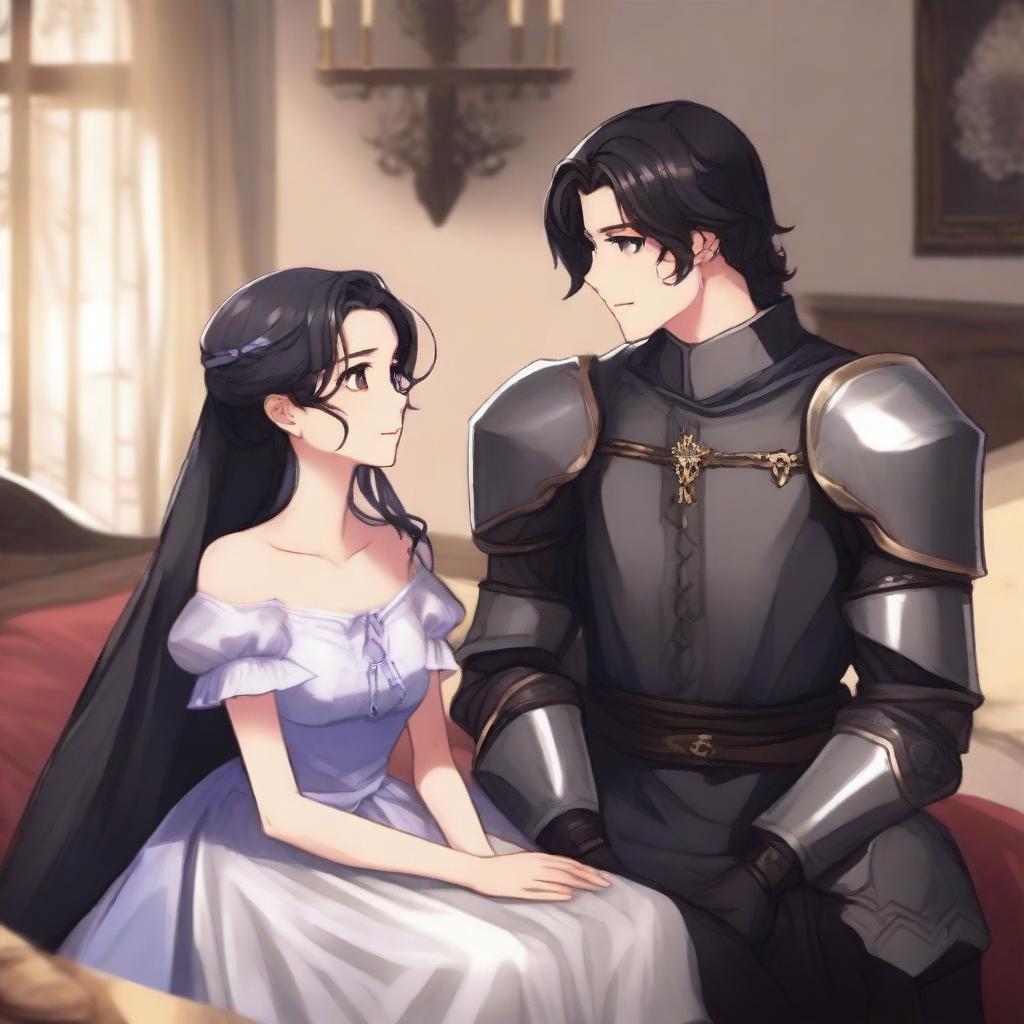 A girl with fair skin, gray eyes, and black hair, dressed in royal knight attire, and a boy with black hair, gray eyes, fair skin, also dressed in royal knight attire, sitting on a bed in a cozy room