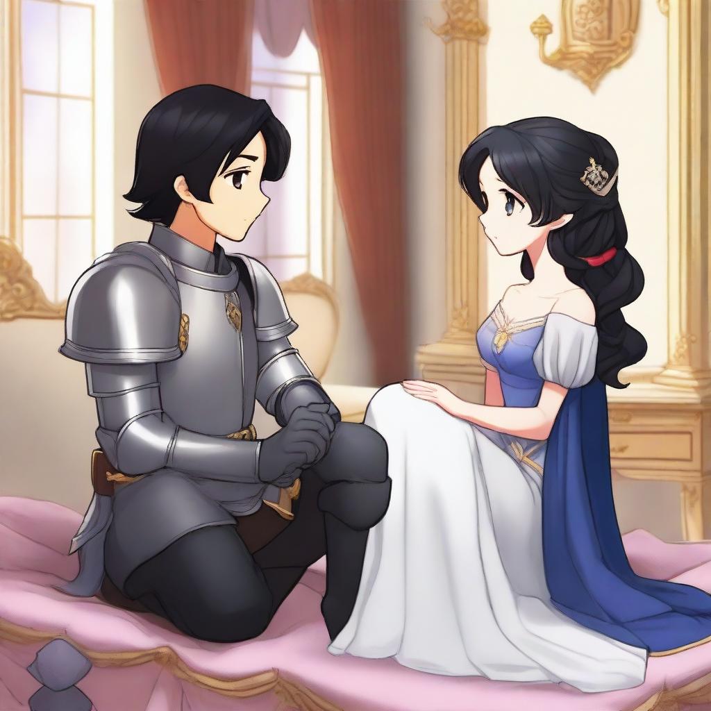 A girl with fair skin, gray eyes, and black hair, dressed in royal knight attire, and a boy with black hair, gray eyes, fair skin, also dressed in royal knight attire, sitting on a bed in a large room