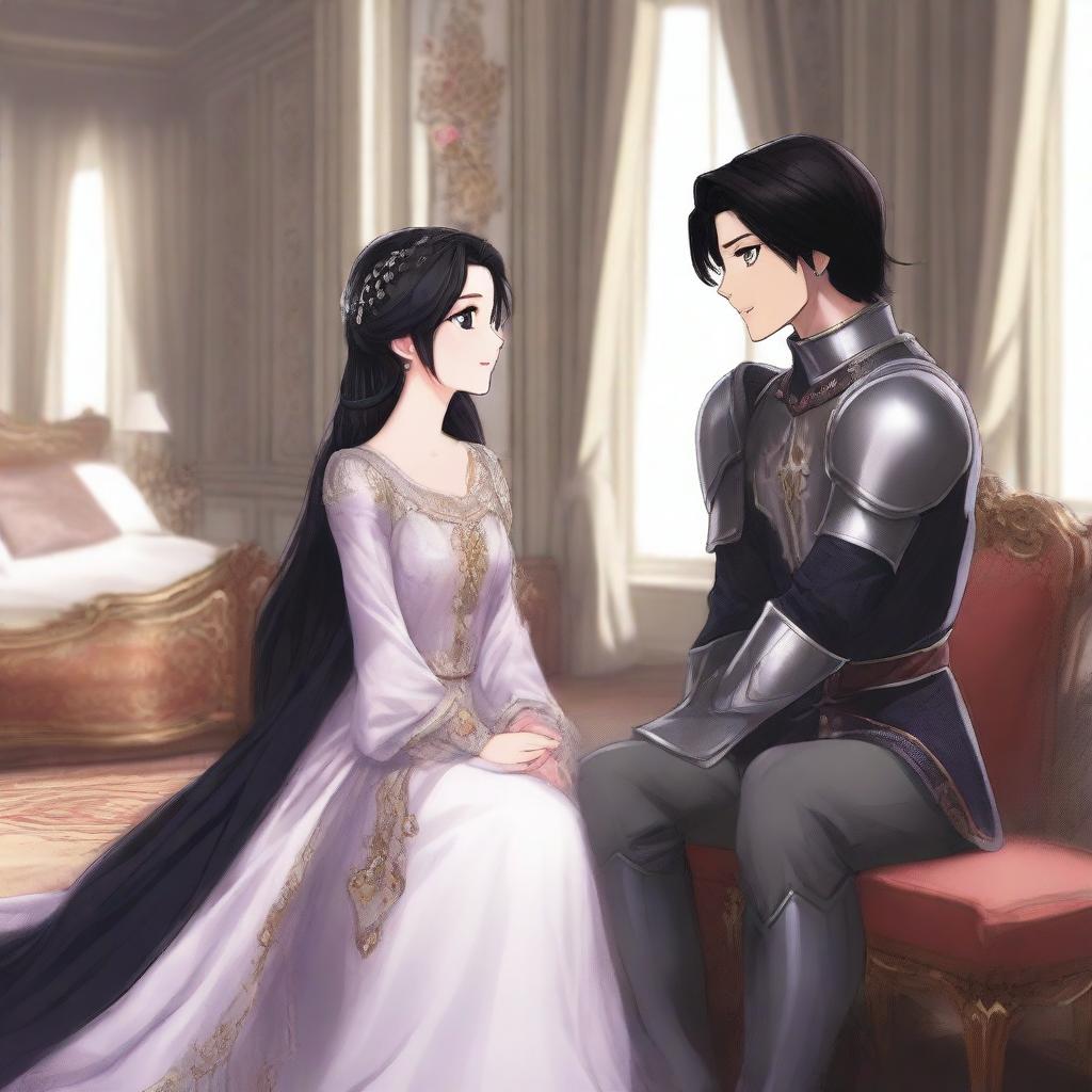 A girl with fair skin, gray eyes, and black hair, dressed in royal knight attire, and a boy with black hair, gray eyes, fair skin, also dressed in royal knight attire, sitting on a bed in a large room