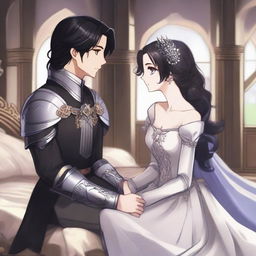 A girl with fair skin, gray eyes, and black hair, dressed in royal knight attire, and a boy with black hair, gray eyes, fair skin, also dressed in royal knight attire, sitting on a bed in a large room