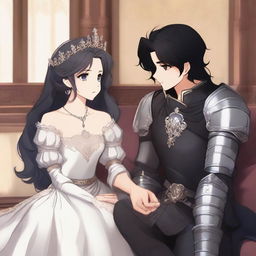 A girl with fair skin, gray eyes, and black hair, dressed in royal knight attire, and a boy with black hair, gray eyes, fair skin, also dressed in royal knight attire, sitting on a bed in a large room