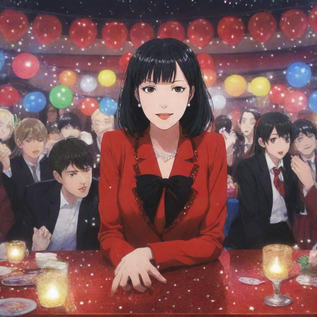 Anime-style depiction of Yumeko Jabami from 'Kakegurui' immersed in a vibrant party scene, surrounded by glittering lights and decor.