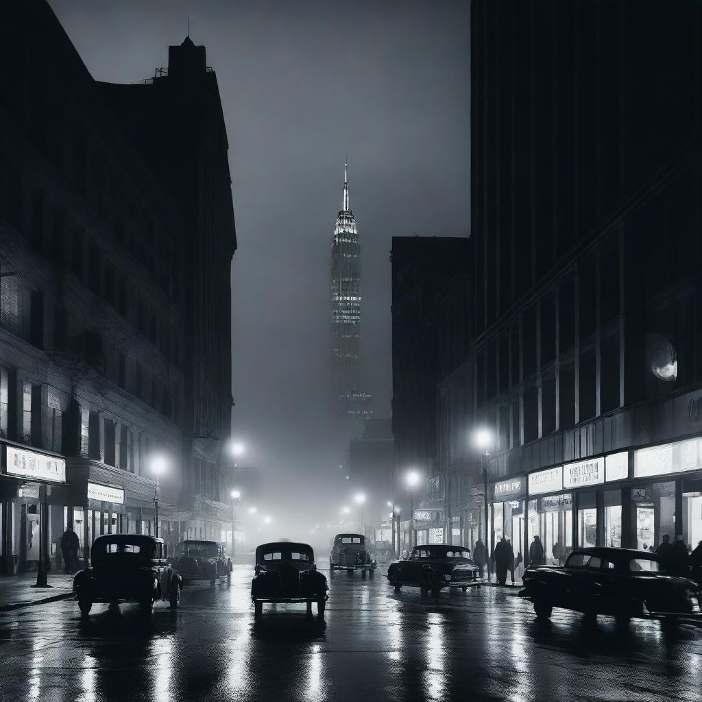 A film noir cityscape at night with a tall building featuring an antenna on top