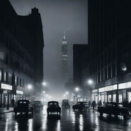 A film noir cityscape at night with a tall building featuring an antenna on top