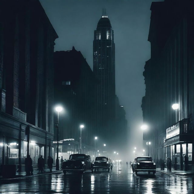 A film noir cityscape at night with a tall building featuring an antenna on top