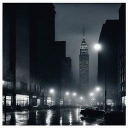 A film noir cityscape at night with a tall building featuring an antenna on top