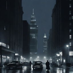 A film noir cityscape at night with a tall building featuring an antenna on top