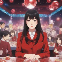 Anime-style depiction of Yumeko Jabami from 'Kakegurui' immersed in a vibrant party scene, surrounded by glittering lights and decor.