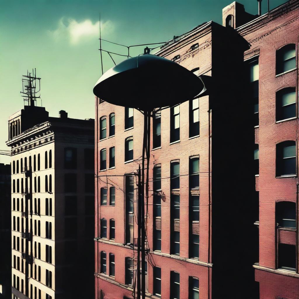 A large antenna mounted on top of a four-story building in a cityscape