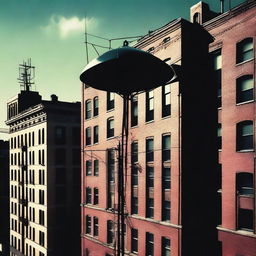 A large antenna mounted on top of a four-story building in a cityscape