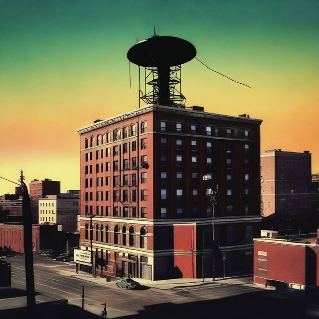 A large antenna mounted on top of a four-story building in a cityscape