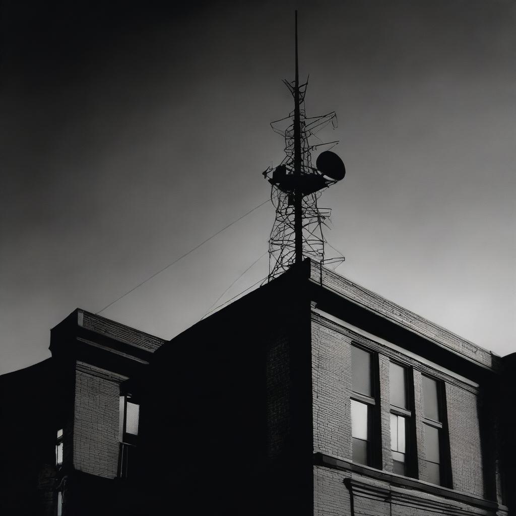 A tall antenna on top of a four-story building in a film noir movie still