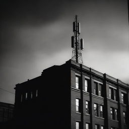 A tall antenna on top of a four-story building in a film noir movie still