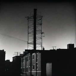 A tall antenna on top of a four-story building in a film noir movie still