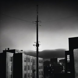 A tall antenna on top of a four-story building in a film noir movie still