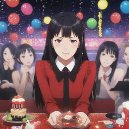 Anime-style depiction of Yumeko Jabami from 'Kakegurui' immersed in a vibrant party scene, surrounded by glittering lights and decor.