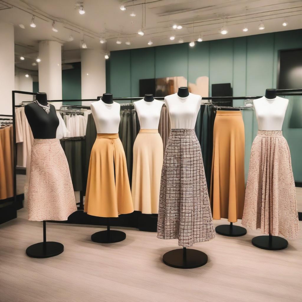 A variety of fashionable skirts displayed in a chic boutique setting