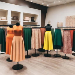 A variety of fashionable skirts displayed in a chic boutique setting