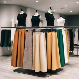 A variety of fashionable skirts displayed in a chic boutique setting