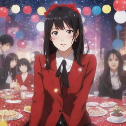 Anime-style depiction of Yumeko Jabami from 'Kakegurui' immersed in a vibrant party scene, surrounded by glittering lights and decor.