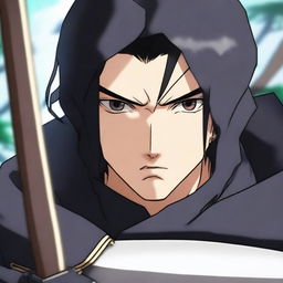 A close-up of an anime-style animated human man's face, with intense focus