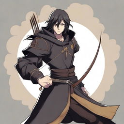 An anime-style animated human man with a longbow and arrows