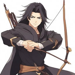 An anime-style animated human man with a longbow and arrows