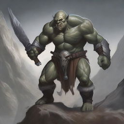 A detailed illustration of a gray-skinned orc wielding two weapons