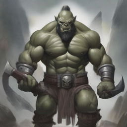 A detailed illustration of a gray-skinned orc wielding two weapons